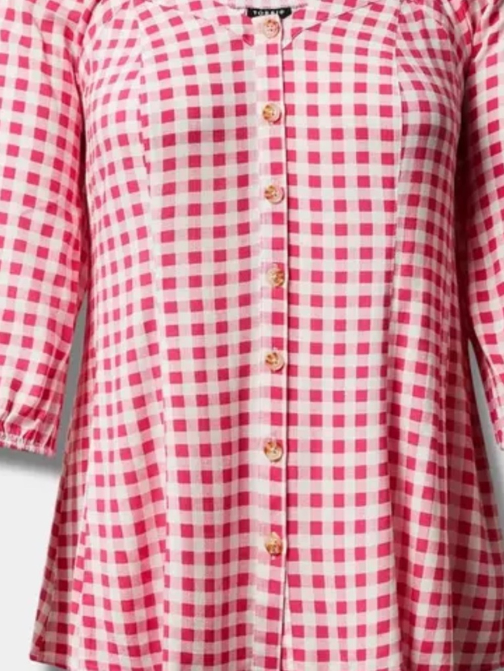Torrid Fit Flare Button Up 3/4 Sleeve Gingham Pink Top 1X 14/16 NWT - Picture 2 of 15